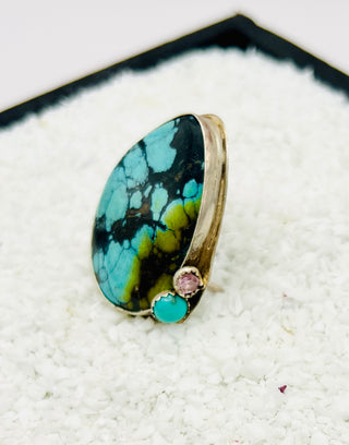 Hubei Turquoise Statement Ring with Pink Crystal & Arizona Turquoise – Sterling Silver Bohemian Jewelry