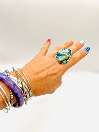 Hubei Turquoise Statement Ring with Pink Crystal & Arizona Turquoise – Sterling Silver Bohemian Jewelry
