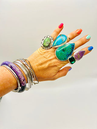 Bohemian Atlantisite & Green Emerald Cut Crystal Statement Ring – Sterling Silver