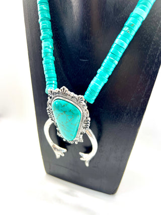 Heishi Turquoise Necklace with Western Squash Blossom Pendant