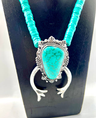 Heishi Turquoise Necklace with Western Squash Blossom Pendant