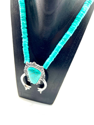 Heishi Turquoise Necklace with Western Squash Blossom Pendant