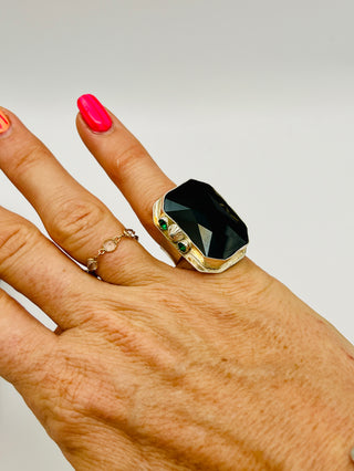 Sterling Silver Ring | Black Emerald-Cut Preciosa Crystal & Green Accents | Size 4 | Modern Boho Statement Jewelry