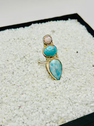 Sterling Silver Ring | Conch, Turquoise & Larimar Gemstones | Size 7.5 | Bohemian Coastal Jewelry