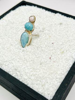Sterling Silver Ring | Conch, Turquoise & Larimar Gemstones | Size 7.5 | Bohemian Coastal Jewelry