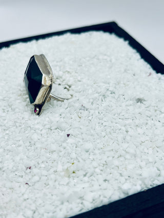 Sterling Silver Ring | Black Onyx Emerald Cut Center & Fuchsia Preciosa Accents | Size 8.25 | Bold Statement Jewelry