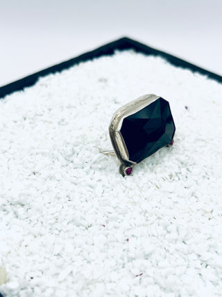 Sterling Silver Ring | Black Onyx Emerald Cut Center & Fuchsia Preciosa Accents | Size 8.25 | Bold Statement Jewelry