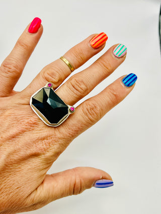 Sterling Silver Ring | Black Onyx Emerald Cut Center & Fuchsia Preciosa Accents | Size 8.25 | Bold Statement Jewelry
