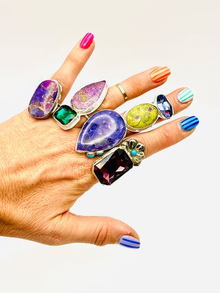 Rare Charoite Ring in Sterling Silver with Turquoise Bezel Accents