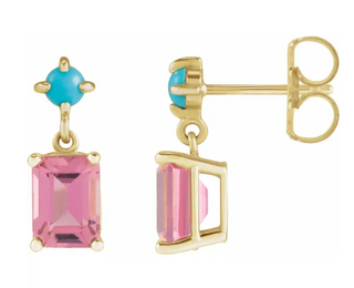 14KT Gold Turquoise Bezel Cabochon with Emerald Cut Pink Tourmaline Earrings