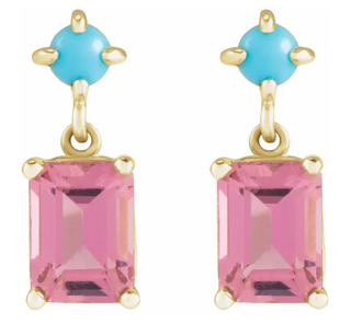 14KT Gold Turquoise Bezel Cabochon with Emerald Cut Pink Tourmaline Earrings