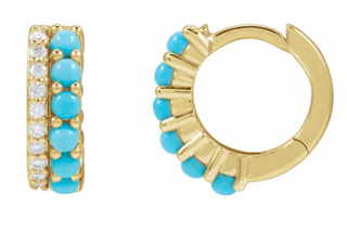14K Yellow Gold Natural Turquoise & 1/8 CTW Natural Diamond Huggie Hoop Earrings