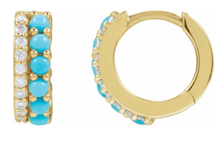 14K Yellow Gold Natural Turquoise & 1/8 CTW Natural Diamond Huggie Hoop Earrings