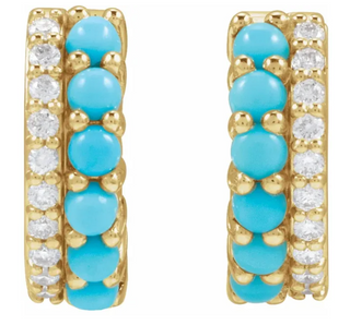 14K Yellow Gold Natural Turquoise & 1/8 CTW Natural Diamond Huggie Hoop Earrings
